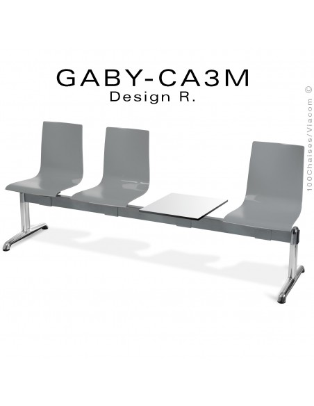 Banc ou assise sur poutre GABY pour salle d'attente avec porte revues, trois places grise, piétement aluminium.