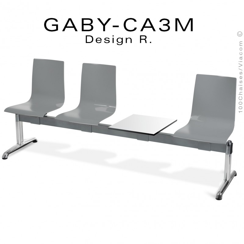 Banc ou assise sur poutre GABY pour salle d'attente avec porte revues, trois places grise, piétement aluminium.