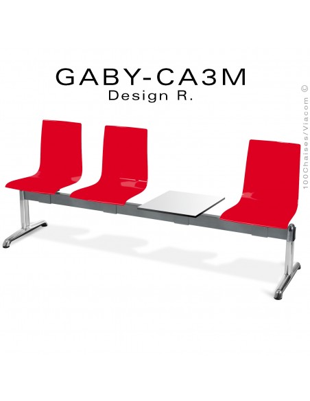Banc ou assise sur poutre GABY pour salle d'attente avec porte revues, trois places rouge, piétement aluminium.