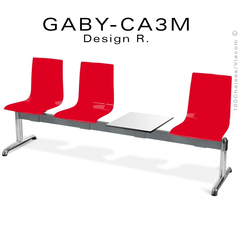 Banc ou assise sur poutre GABY pour salle d'attente avec porte revues, trois places rouge, piétement aluminium.