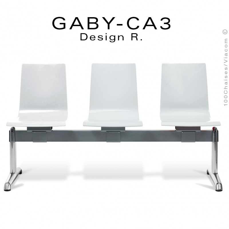 Banc ou assise sur poutre GABY pour salle d'attente, trois places blanche, piétement aluminium.
