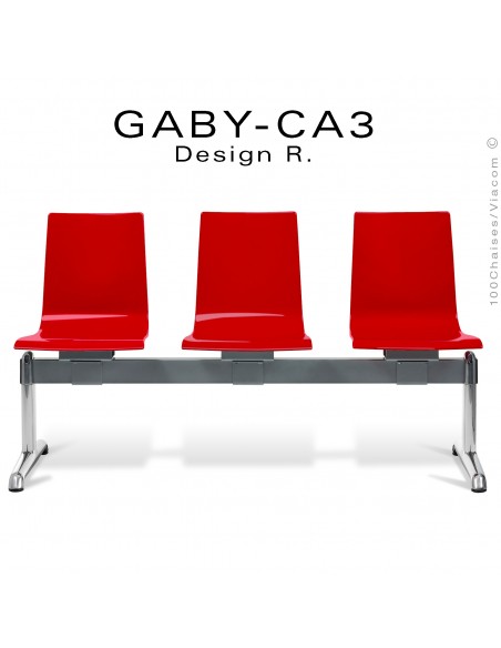 Banc ou assise sur poutre GABY pour salle d'attente, trois places rouge, piétement aluminium.