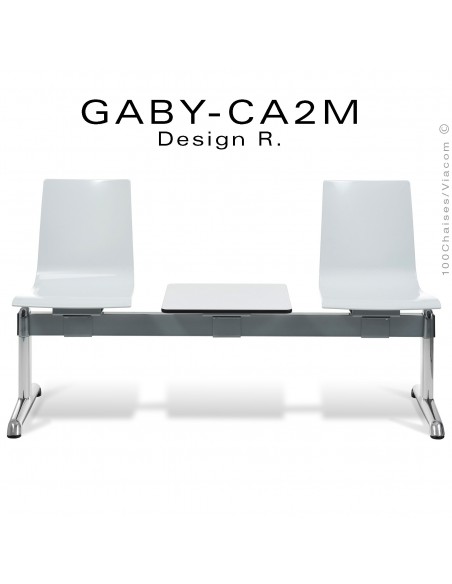 Banc ou assise sur poutre GABY pour salle d'attente, deux places blanche avec tablette porte revue, piétement aluminium.