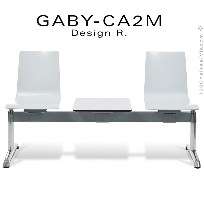 Banc ou assise sur poutre GABY pour salle d'attente, deux places blanche avec tablette porte revue, piétement aluminium.