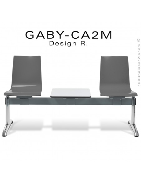 Banc ou assise sur poutre GABY pour salle d'attente, deux places grise avec tablette porte revue, piétement aluminium.
