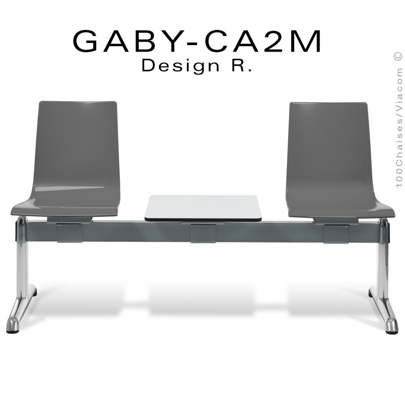 Banc ou assise sur poutre GABY pour salle d'attente, deux places grise avec tablette porte revue, piétement aluminium.