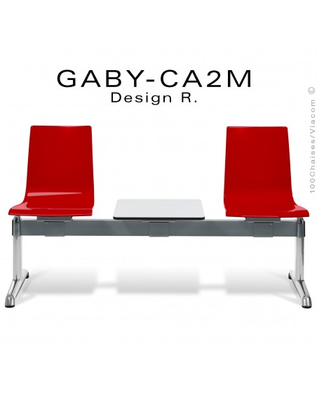 Banc ou assise sur poutre GABY pour salle d'attente, deux places rouge avec tablette porte revue, piétement aluminium.