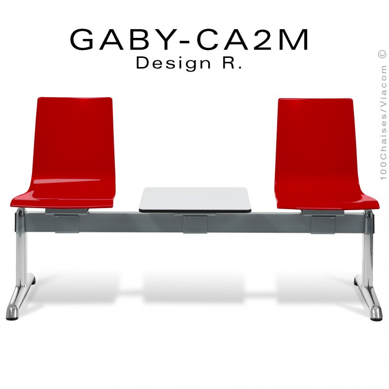 Banc ou assise sur poutre GABY pour salle d'attente, deux places rouge avec tablette porte revue, piétement aluminium.