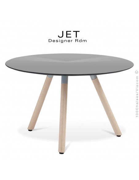 Table d'appoint ronde JET, piétement vernis Erable, plateau stratifier couleur argent