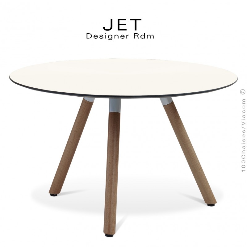 Table d'appoint ronde JET, piétement vernis noyer, plateau stratifier couleur blanc
