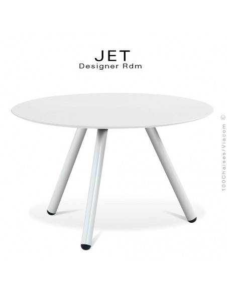 Table d'appoint ronde JET, piétement acier peint blanc, plateau couleur blanc chant blanc