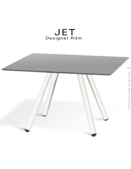 Table d'appoint carré JET, piétement acier peint blanc, plateau couleur argent