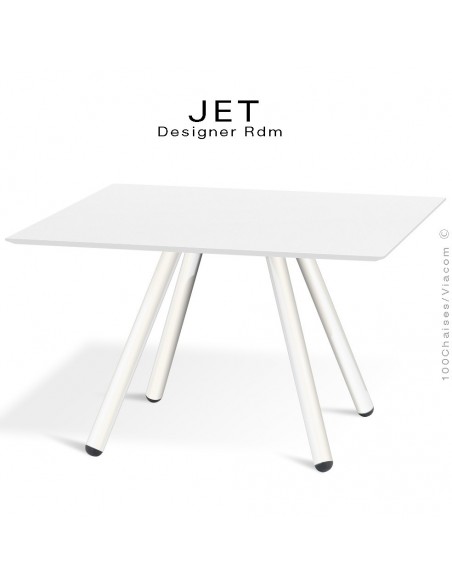 Table d'appoint carré JET, piétement acier peint blanc, plateau couleur blanc chant blanc