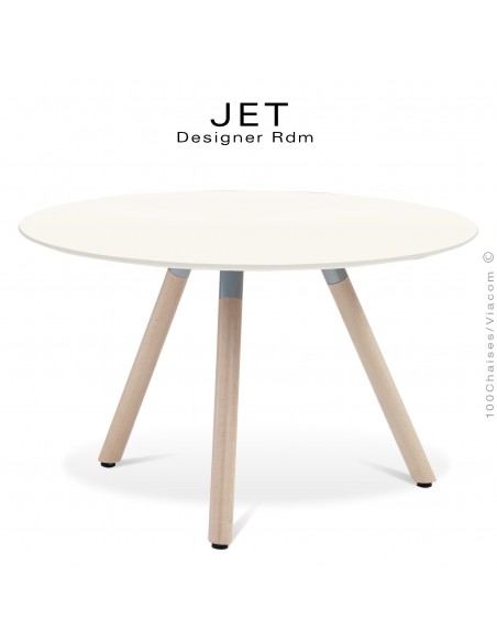 Table d'appoint ronde JET, piétement vernis Erable, plateau stratifier blanc, chant blanc