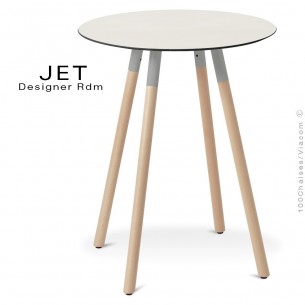 Table pour café, snack ronde JET, 3 pieds bois vernis Erable, plateau stratifié blanc