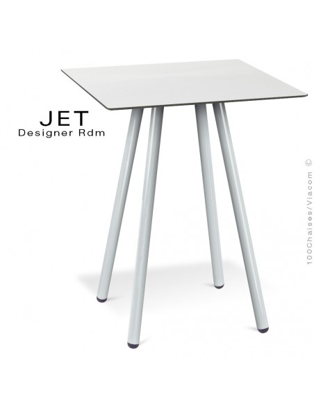 Table pour café, snack carré JET, 4 pieds acier peint aluminium, plateau stratifier couleur blanc