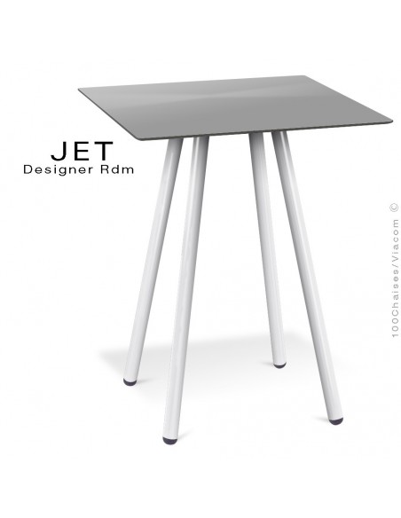 Table pour café, snack carré JET, 4 pieds acier peint blanc, plateau stratifier couleur argent