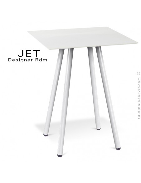 Table pour café, snack carré JET, 4 pieds acier peint blanc, plateau stratifier blanc chant blanc