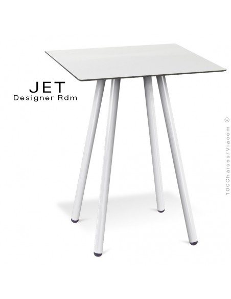 Table pour café, snack carré JET, 4 pieds acier peint blanc, plateau stratifier couleur blanc