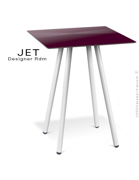Table pour café, snack carré JET, 4 pieds acier peint blanc, plateau stratifier couleur moka