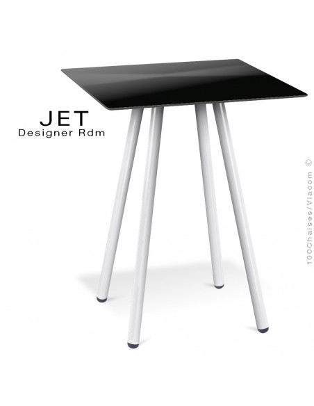 Table pour café, snack carré JET, 4 pieds acier peint blanc, plateau stratifier couleur noir