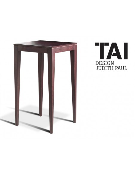 TAI - Table haute d'appoint carré, finition bois acajou.
