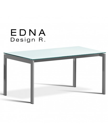 Edma table design piétement peint argent, plateau verre teinté blanc.