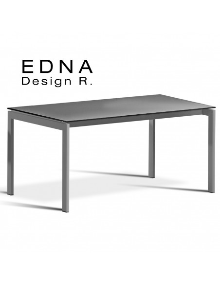 Edma table design piétement peint argent, plateau verre teinté noir.