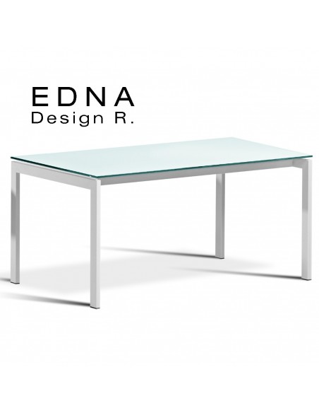 Edma table design piétement peint blanc, plateau verre teinté blanc.