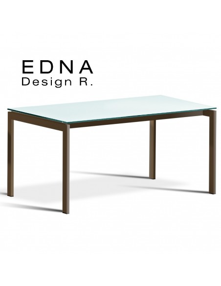 Edma table design piétement peint marron (rouille), plateau verre teinté blanc.