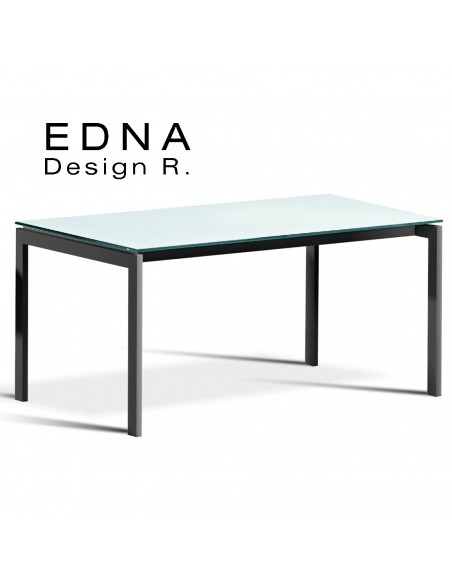 Edma table design piétement peint noir, plateau verre teinté blanc.