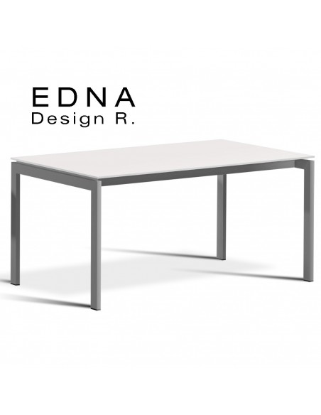 Table design Edma piétement peint argent, plateau bois peint blanc.