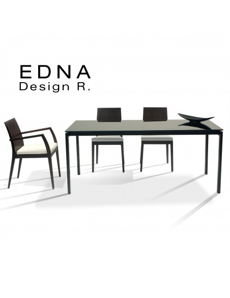 Table design Edma piétement peint, plateau verre ou bois au choix.
