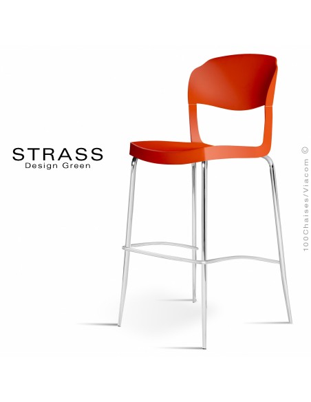Tabouret de bar STRASS, assise plastique, piétement chromé - Lot de 4 pièces, couleur rouge.