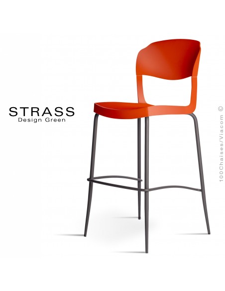 Tabouret de bar STRASS, assise plastique, piétement peint anthacite - Lot de 4 pièces, assise couleur rouge.