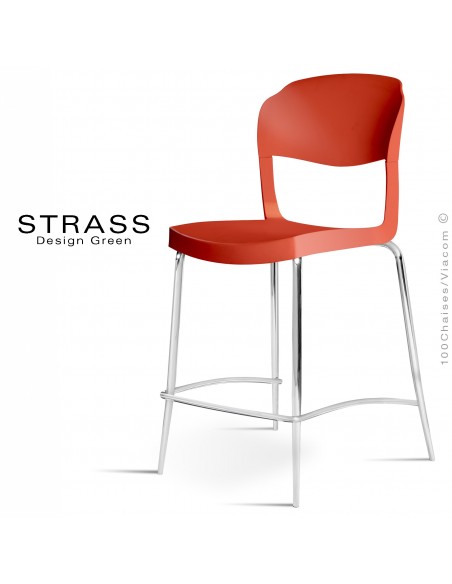 Tabouret de cuisine STRASS, assise plastique, piétement chromé - Lot de 4 pièces, assise couleur rouge.