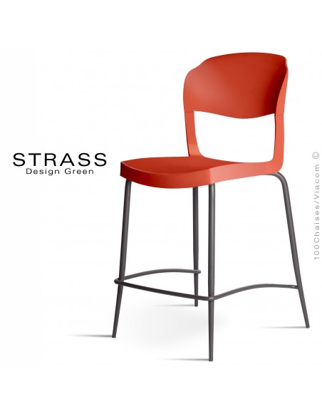 Tabouret de cuisine STRASS, assise plastique, piétement peint anthracite - Lot de 4 pièces, assise couleur rouge.