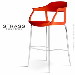 Tabouret de bar STRASS, assise plastique avec accoudoirs, piétement chromé - Lot de 4 pièces, assise couleur rouge.