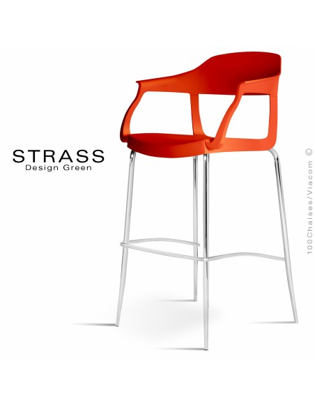 Tabouret de bar STRASS, assise plastique avec accoudoirs, piétement chromé - Lot de 4 pièces, assise couleur rouge.