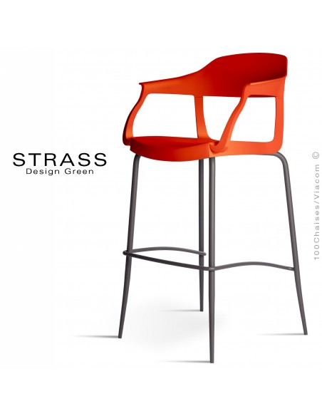 Tabouret de bar STRASS, assise plastique avec accoudoirs, piétement peint anthracite - Lot de 4 pièces, assise couleur rouge.