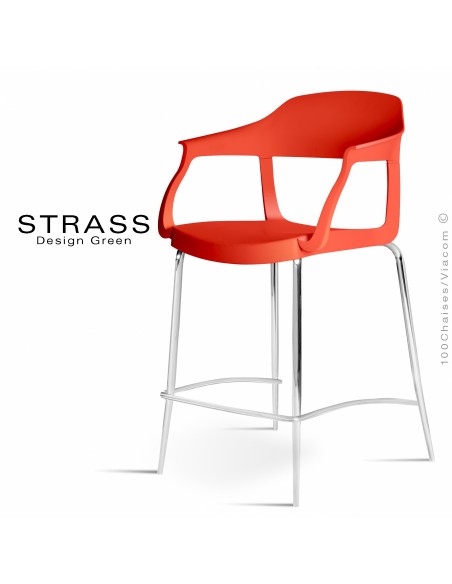 Tabouret de cuisine STRASS, assise plastique avec accoudoirs, piétement chromé - Assise couleur rouge.