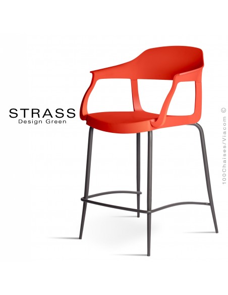 Tabouret de cuisine STRASS, assise plastique avec accoudoirs, piétement peint anthracite, assise couleur rouge.