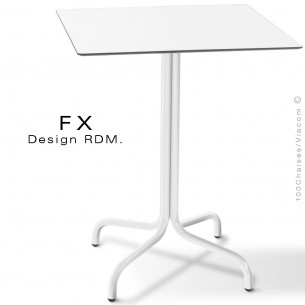 Table FX pour terrasse, CHR, piétement acier peint blanc, plateau type Compact blanc