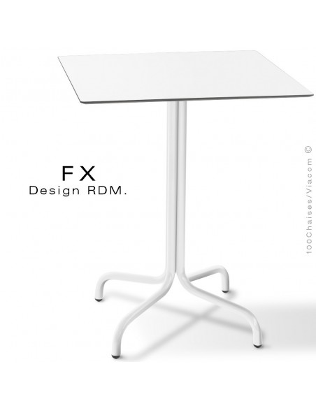 Table FX pour terrasse, CHR, piétement acier peint blanc, plateau type Compact blanc