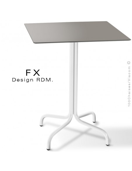 Table FX pour terrasse, CHR, piétement acier peint blanc, plateau type Compact gris