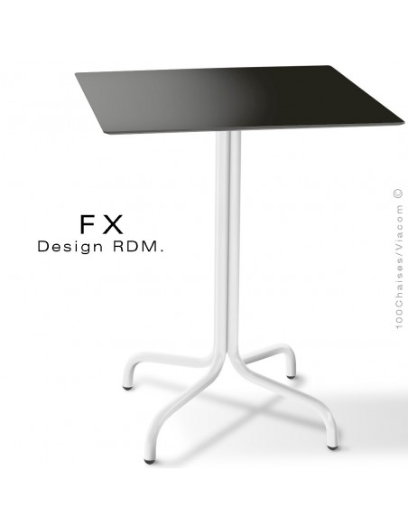 Table FX pour terrasse, CHR, piétement acier peint blanc, plateau type Compact noir