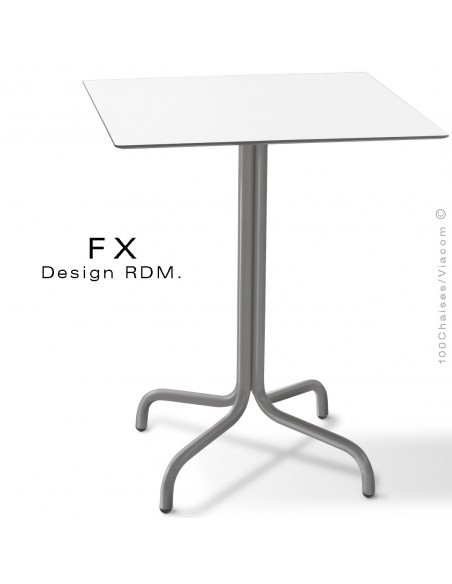 Table FX pour terrasse, CHR, piétement acier peint gris, plateau type Compact blanc