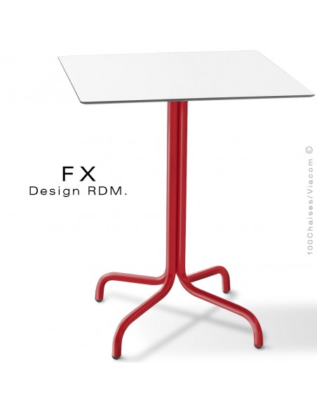 Table FX pour terrasse, CHR, piétement acier peint rouge, plateau type Compact blanc