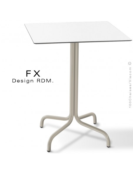Table FX pour terrasse, CHR, piétement acier peint gris tourerelle, plateau type Compact blanc