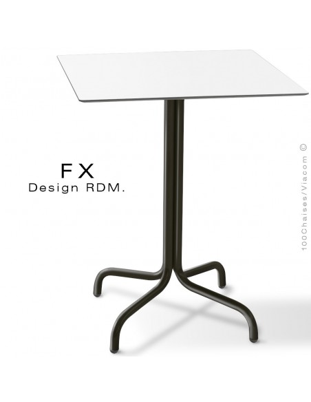 Table FX pour terrasse, CHR, piétement acier peint noir, plateau type Compact blanc